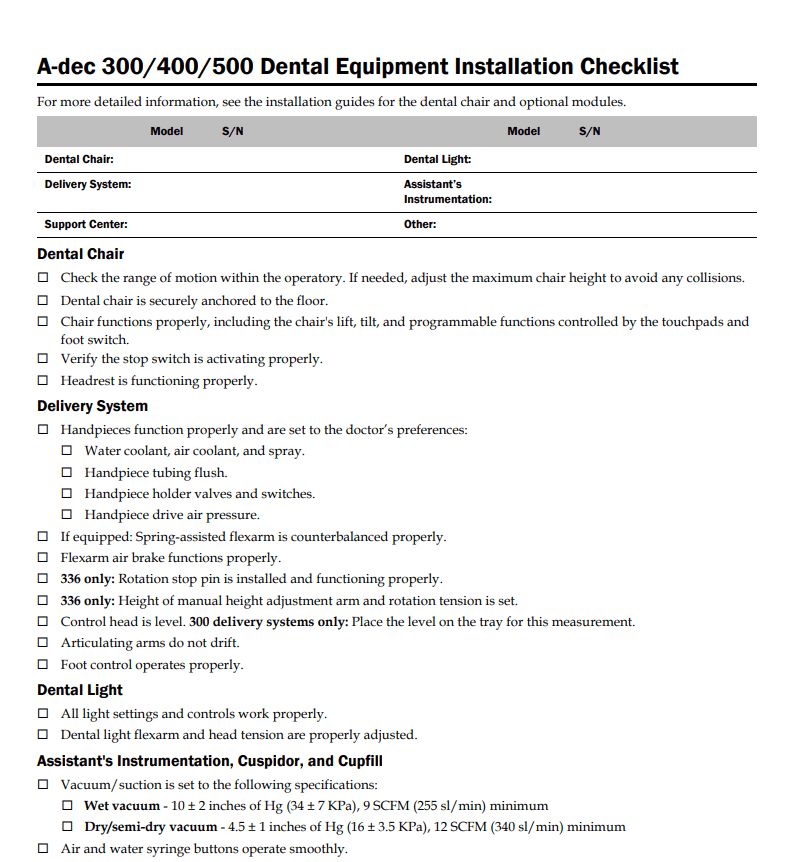 A-dec 300/400/500 Dental Equipment Installation Checklist - Dental Parts Shop