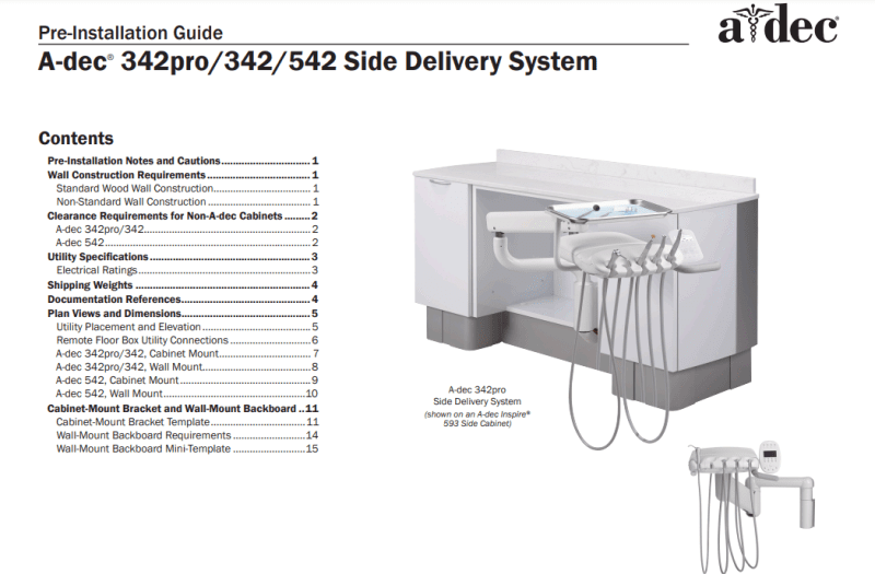 A-dec 342pro/342/542 Side Delivery System Pre-Installation Guide - Dental Parts Shop