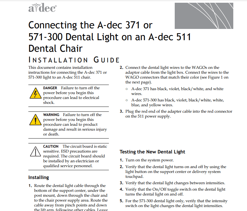 A-dec 371 or 571-300 Dental Light on A-dec 511 Chair Installation Guide - Dental Parts Shop