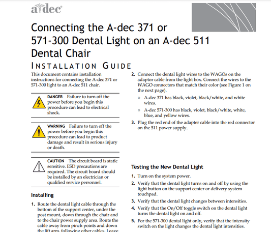 A-dec 371 or 571-300 Dental Light on A-dec 511 Chair Installation Guide - Dental Parts Shop