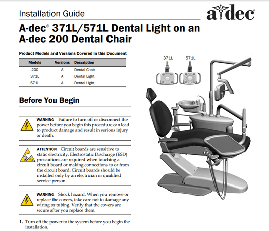 A-dec 371L/571L Dental Light on an A-dec 200 Dental Chair Installation Guide - Dental Parts Shop