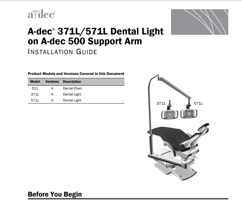 A-dec 371L or 571L Dental Light on an A-dec 500 Support Arm Installation Guide - Dental Parts Shop