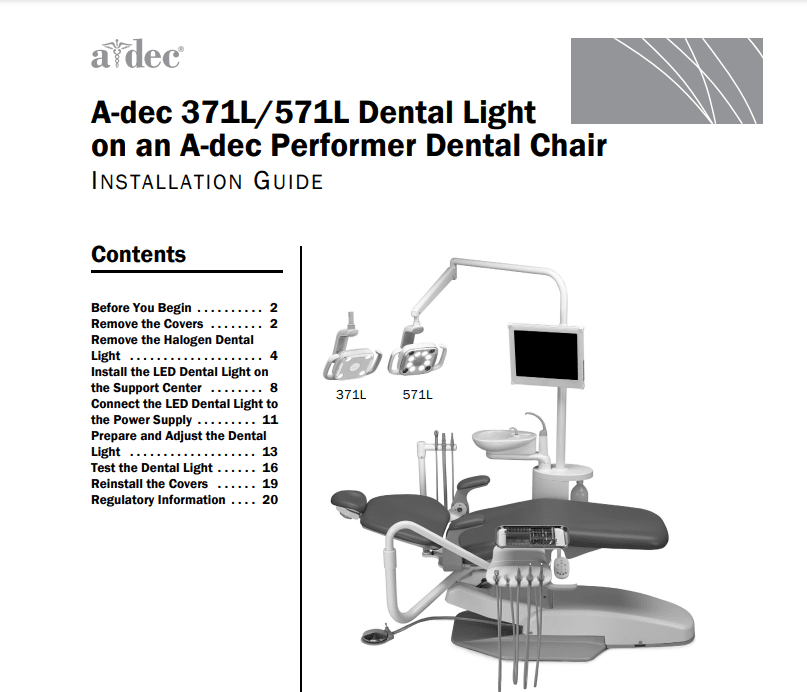 A-dec 371L or 571L Dental Light on an A-dec Performer Dental Chair Installation Guide - Dental Parts Shop