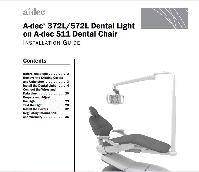 A-dec 372L/572L Dental Light on A-dec 511 Dental Chair - Dental Parts Shop