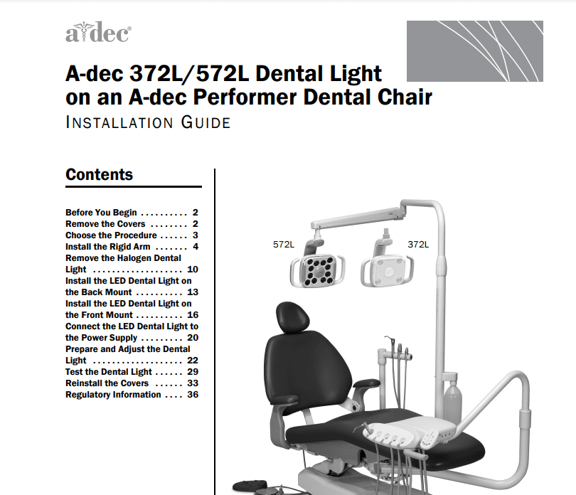 A-dec 372L or 572L Dental Light on an A-dec Performer Dental Chair Installation Guide - Dental Parts Shop