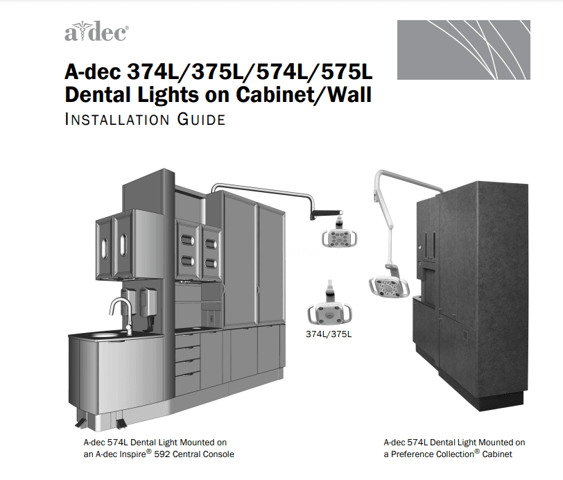 A-dec 374L/574L/375L/575L Dental Lights on Cabinet/Wall Installation Guide - Dental Parts Shop