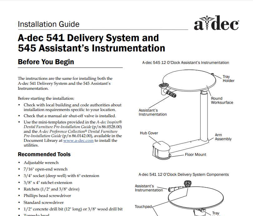 A-dec 500 12 O'Clock Delivery System Installation Guide - Dental Parts Shop