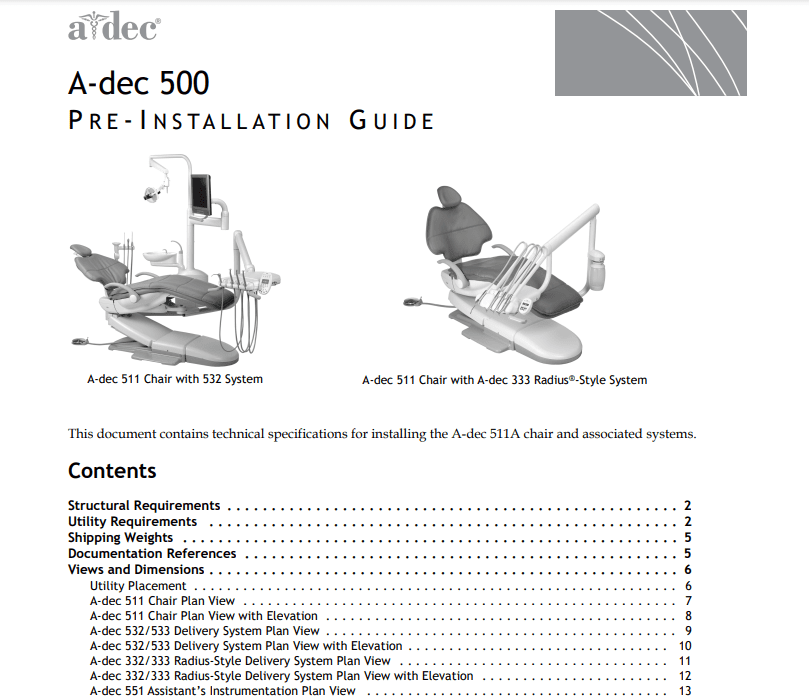 A-dec 511A Dental Chair and Related Systems Pre-Installation Guide - Dental Parts Shop