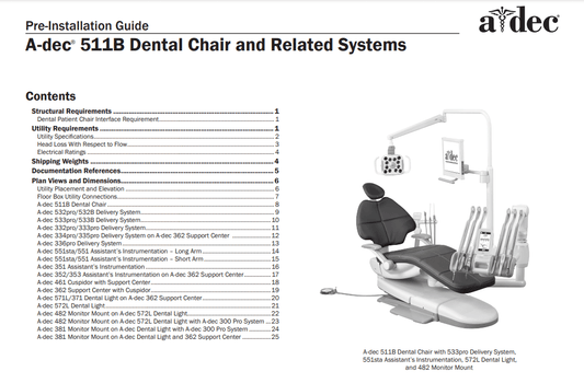 A-dec 511B Dental Chair and Related Systems Pre-Installation Guide - Dental Parts Shop