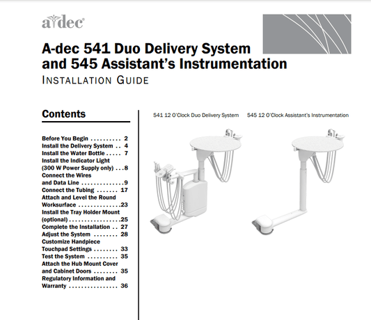 A-dec 541 Duo Delivery System and 545 Assistant’s Instrumentation Installation Guide - Dental Parts Shop