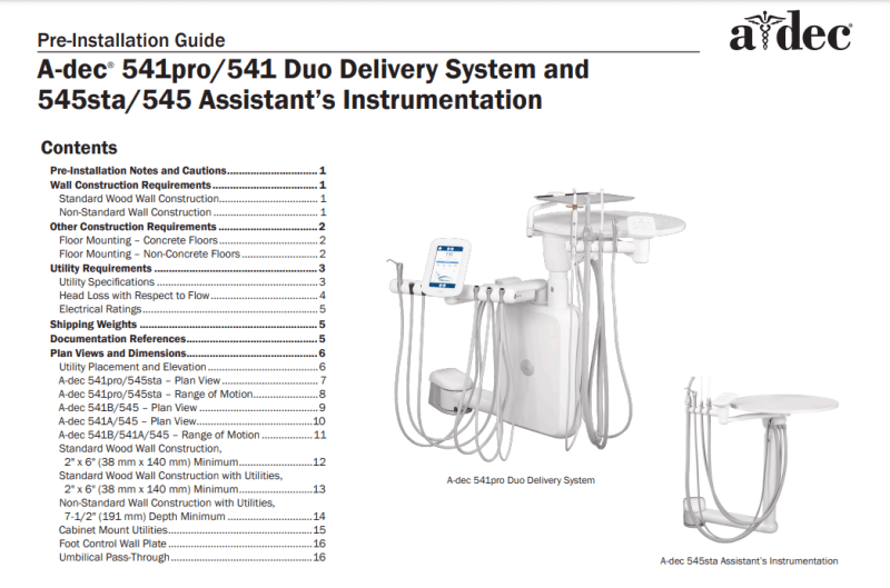 A-dec 541pro/541 Duo Delivery System and 545sta/545 Assistant's Instrumentation Pre-Installation Guide - Dental Parts Shop