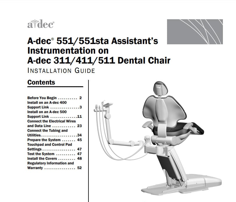 A-dec 551/551sta Assistant’s Instrumentation on A-dec 311/411/511 Dental Chair Installation Guide - Dental Parts Shop