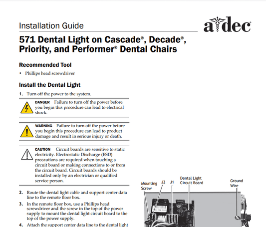 A-dec 571 Dental Light on Cascade, Decade, Priority, and Performer Dental Chair Installation Guide - Dental Parts Shop