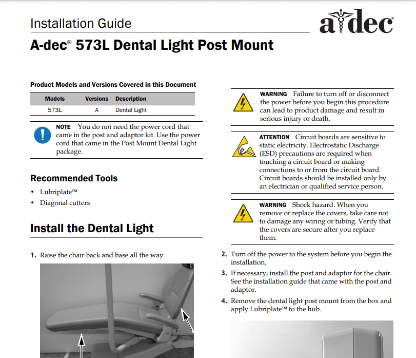 A-dec 573L Dental Light Post Mount Installation Guide - Dental Parts Shop