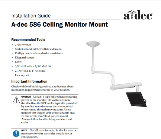 A-dec 586 Ceiling Monitor Mount Installation Guide - Dental Parts Shop