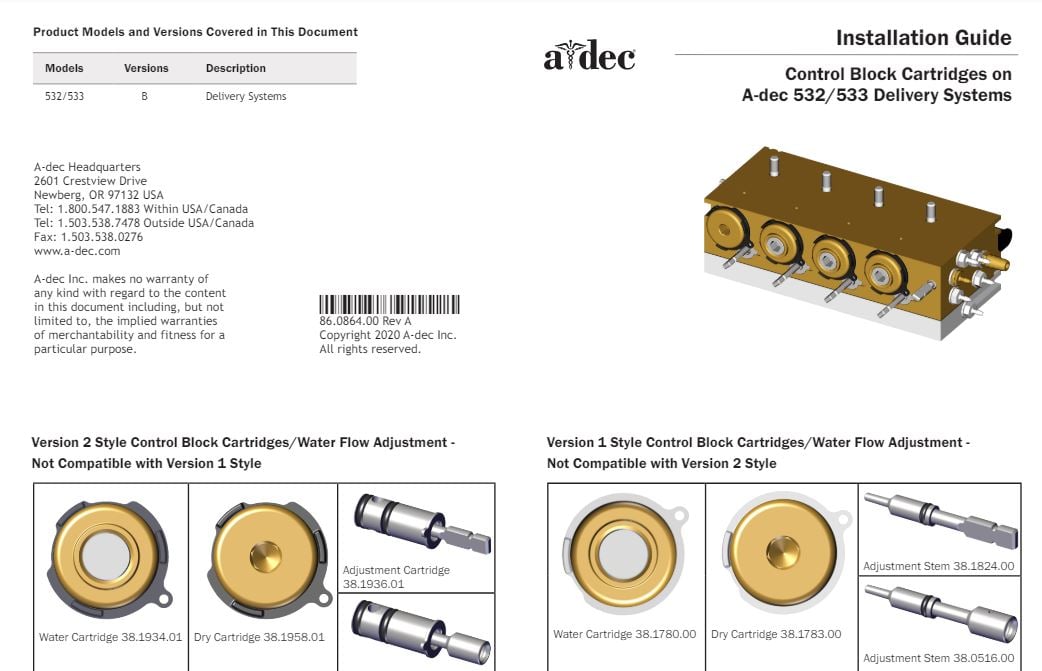 A-dec Control Block Cartridges on A-dec 532/533 Delivery Systems Installation Guide - Dental Parts Shop