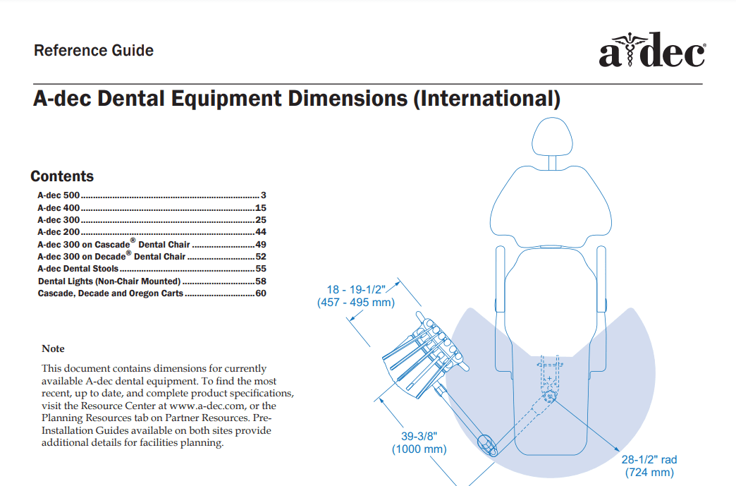 A-dec Dental Equipment Dimensions (International) Reference Guide - Dental Parts Shop