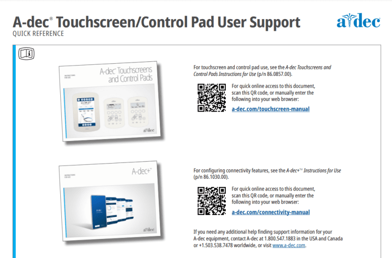 A-dec Touchscreen/Control Pad User Support - Dental Parts Shop