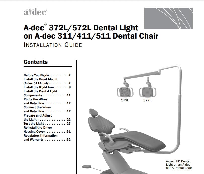 A-dec 372L/572L Dental Light on A-dec 311/411/511 Dental Chair Installation Guide - Dental Parts Shop