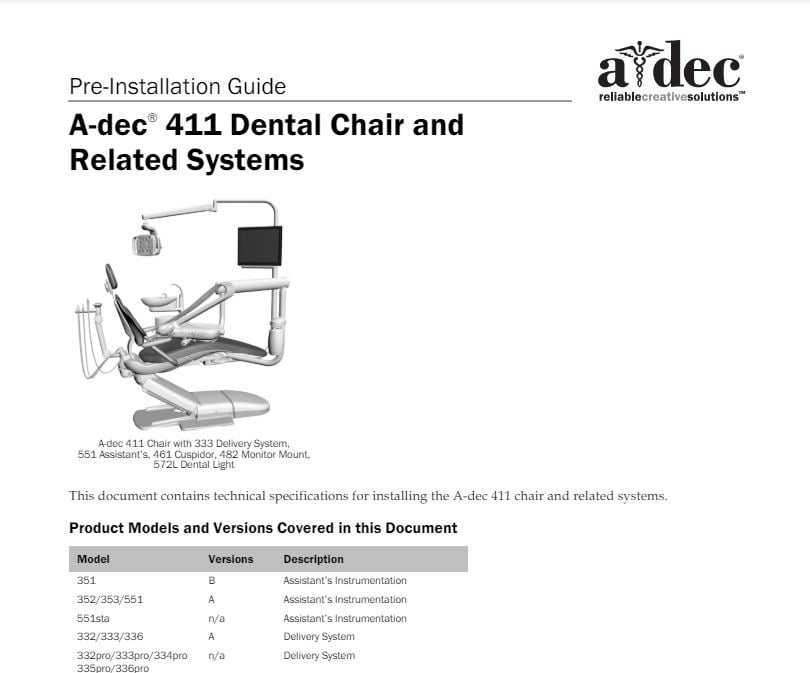 A-dec 411 Dental Chair and Related Systems Pre-Installation Guide - Dental Parts Shop