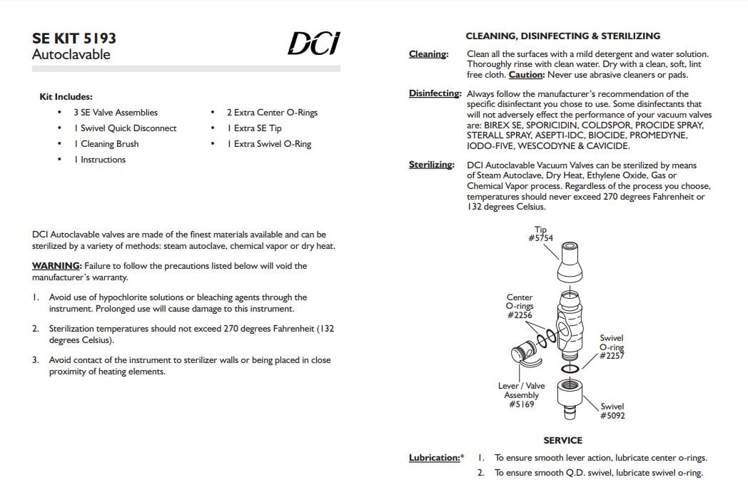 Autoclavable SE Kit, 5193 Instructions - Dental Parts Shop