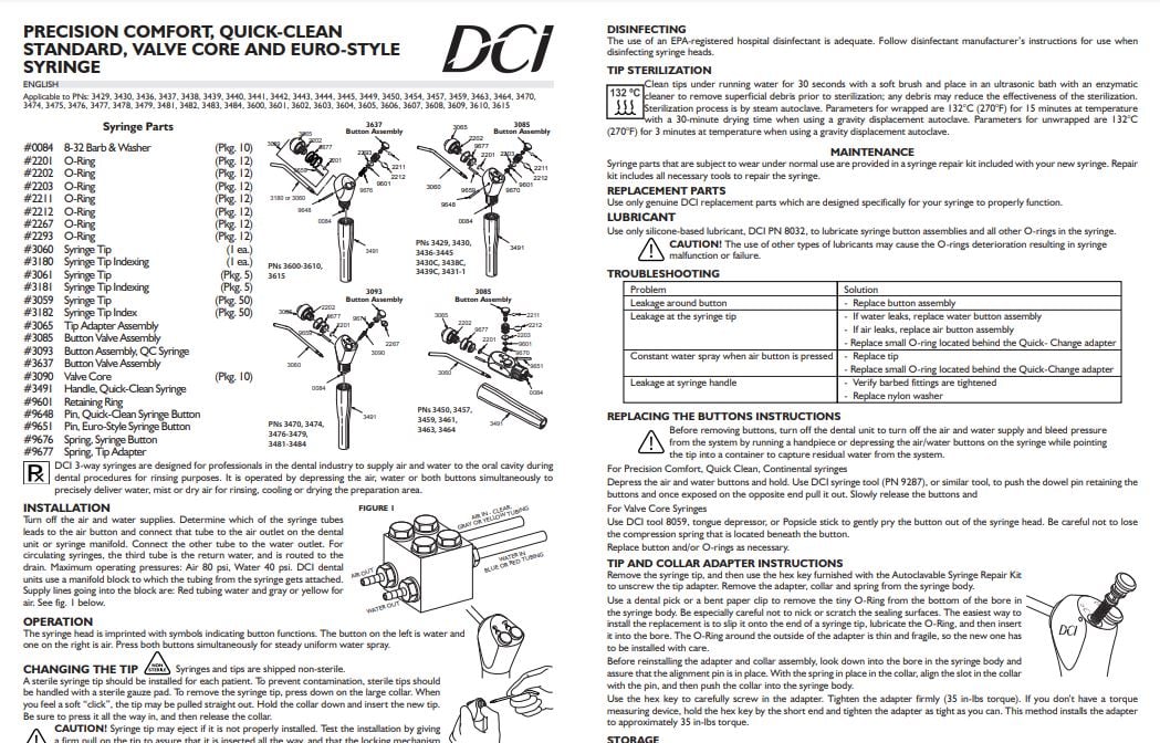 Instructions, Precision Comfort, Quick-Clean Standard/Valve Core, Euro-Style Syringe - Dental Parts Shop