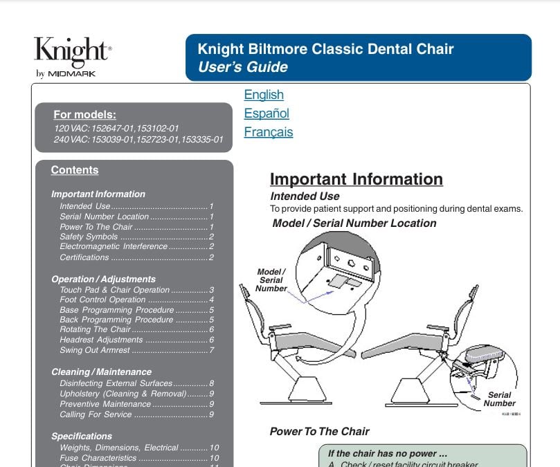 Midmark Biltmore Classic User Guide - Dental Parts Shop