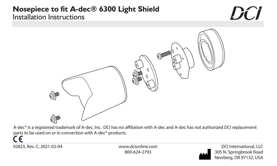 Installation Instructions, Nosepiece to Fit A-dec 6300 Light Shield - Dental Parts Shop