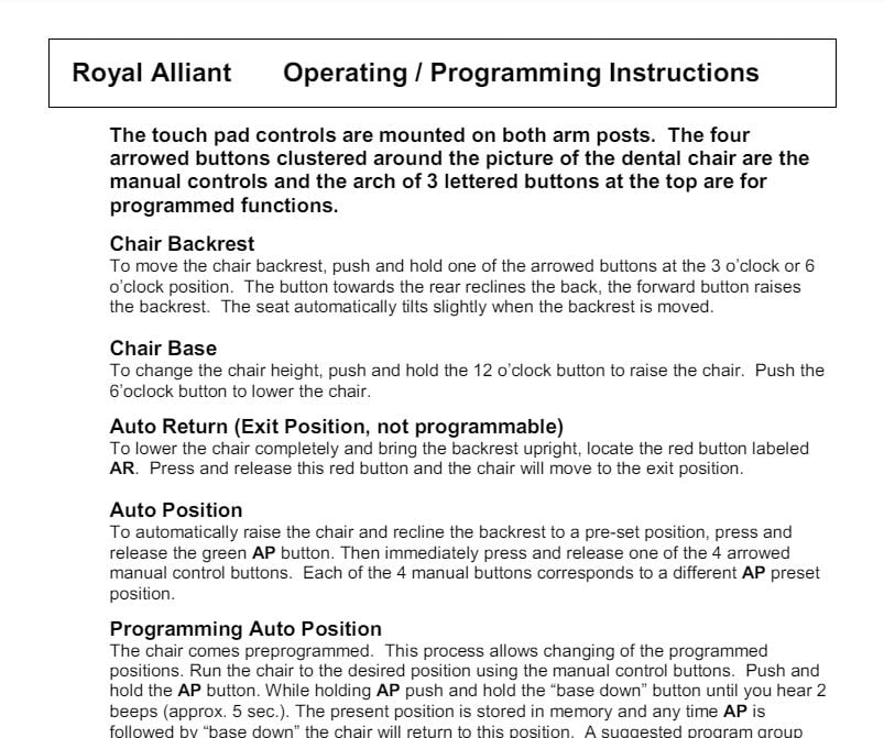 Royal Alliant Operating/Programming Quick Guide - Dental Parts Shop