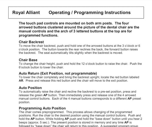 Royal Alliant Operating/Programming Quick Guide - Dental Parts Shop