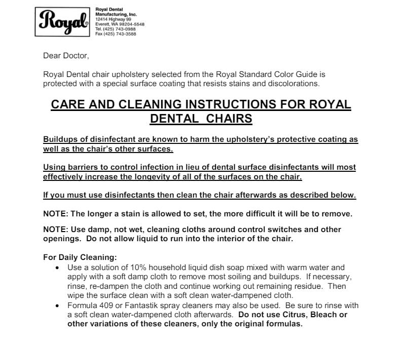 Royal Care and Cleaning Instructions for Royal Upholstery - Dental Parts Shop