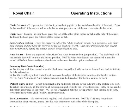 Royal Chair Operating Instructions - Dental Parts Shop