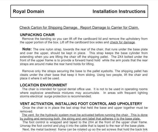 Royal Domain 2250, 2240 Installation - Dental Parts Shop