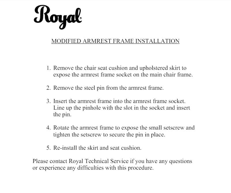 Royal Modified Armrest Frame Installation, P/N 6425 - Dental Parts Shop