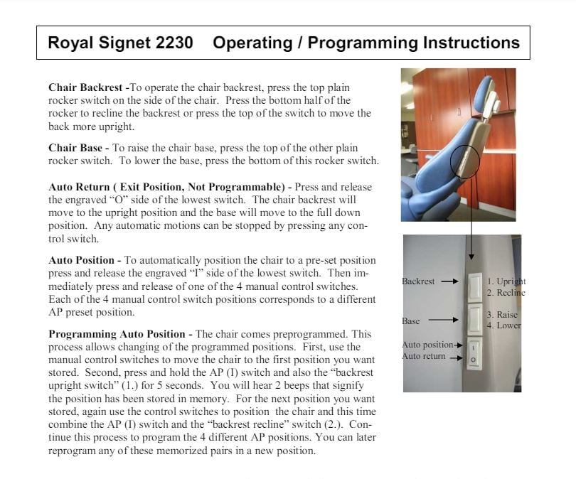 Royal Signet 2230 Operating/Program Instructions - Dental Parts Shop