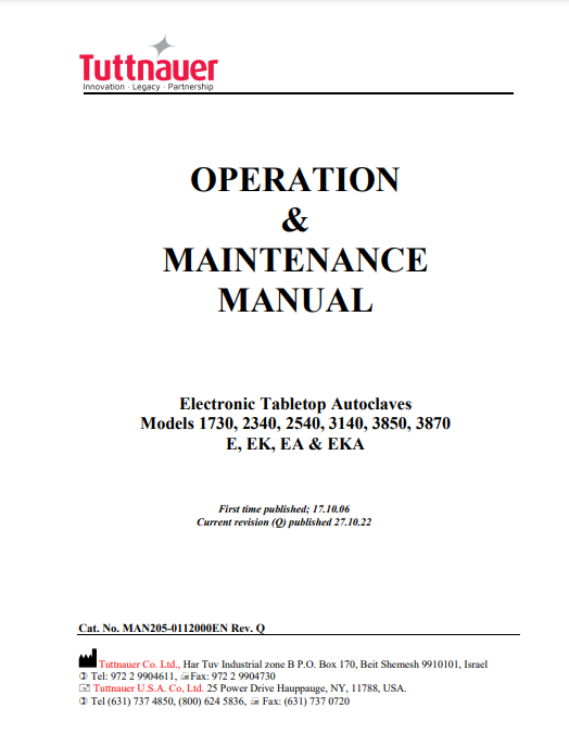 Tuttnauer Autoclave Manual - 1730 EK - Dental Parts Shop