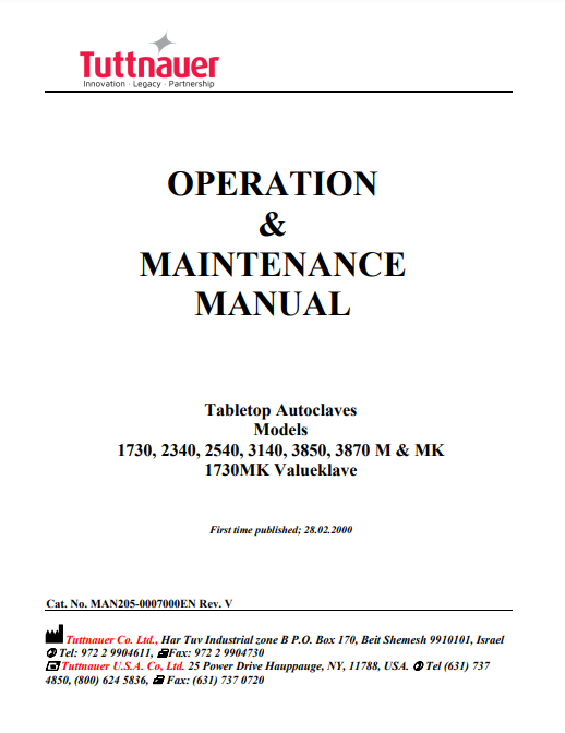 Tuttnauer Autoclave Manual - 1730 ValueKlave - Dental Parts Shop