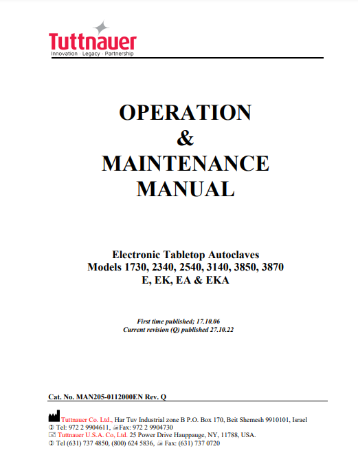 Tuttnauer Autoclave Manual - 2340 E - Dental Parts Shop