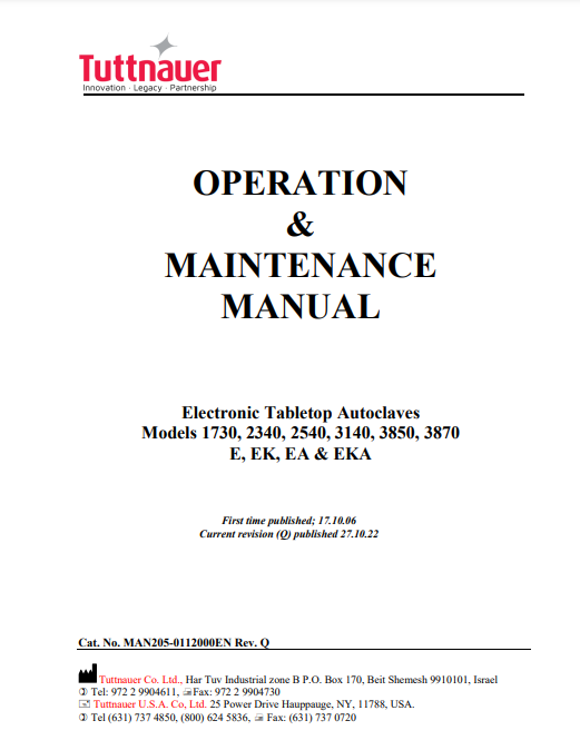 Tuttnauer Autoclave Manual - 2540 E - Dental Parts Shop