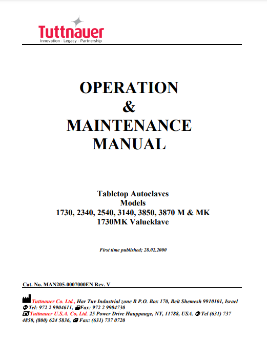 Tuttnauer Autoclave Manual - 2540 M - Dental Parts Shop