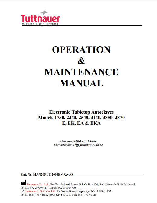 Tuttnauer Autoclave Manual - 3140 EA - Dental Parts Shop