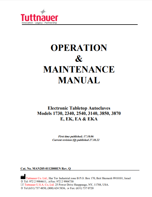 Tuttnauer Autoclave Manual - 3850 EA - Dental Parts Shop