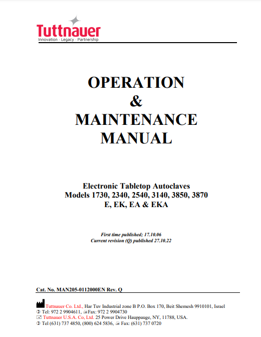 Tuttnauer Autoclave Manual - 3870 E - Dental Parts Shop