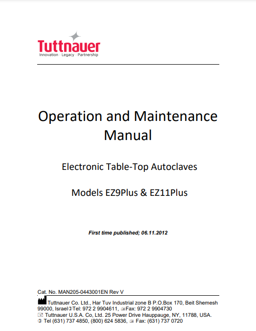 Tuttnauer Autoclave Manual - EZ 11 Plus - Dental Parts Shop