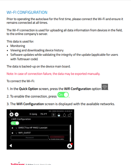 Tuttnauer Autoclave Manual - T-Edge Wifi Quick Start Guide - Dental Parts Shop